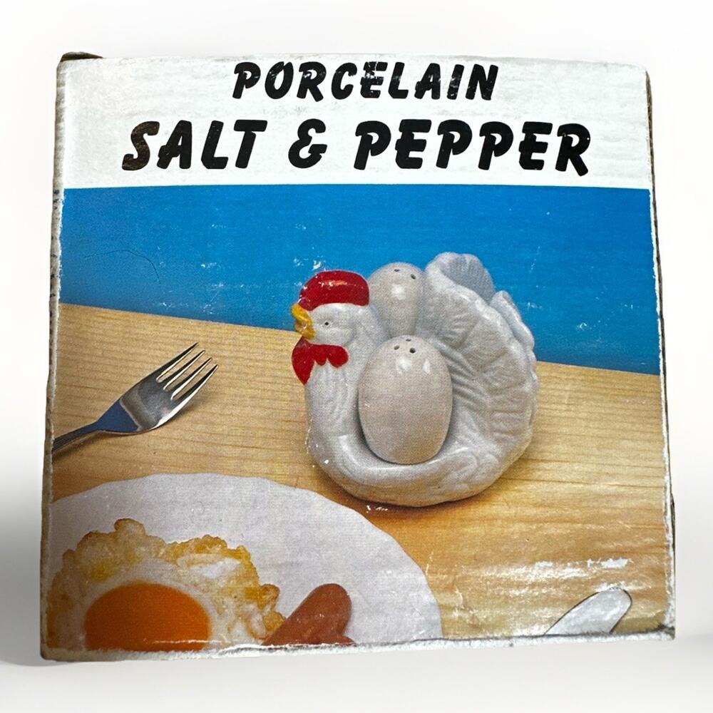 Vintage Porcelain Chicken Hen Salt Pepper Shakers Set Farmhouse Kitchen w/ Box